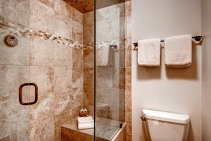 Park Station 134s main bathroom with a cream colored tiled shower with glass panel and white toilet next to it.