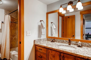 Park Station 134s shared bathroom with two sink wood vanity with large mirror and light above.