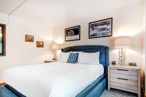 Park Station 139 has a main suite with a kingsize bed with blue suede bedframe and wood furniture.