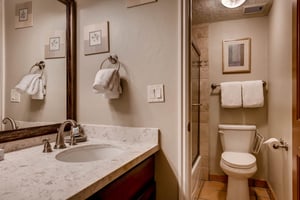 The shared bathroom has a single sink vanity adn separate water closet.
