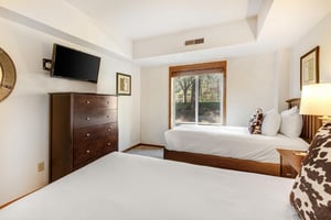 The second bedroom has two twin beds, wood dresser, and flat screen wall mounted TV.