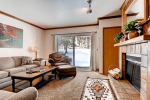 Park Station 218 has comfy furniture and wood burning fireplace in the living room.