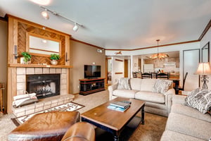 Park Station 218 living room has a flat screen TV adn wood burning fireplace.