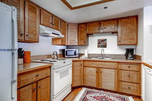 Park Station 218 has a wellequipped kitchen with wood cabinets.