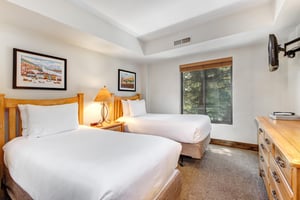 The second bedroom has two twin beds and wooden furniture.