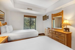 The second bedroom has two twin beds and wooden furniture.