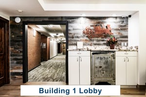 Park Station building 1 lobby with storage area, and leading to hallways.