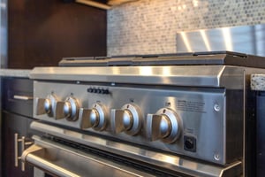 The stainless steel gas range.