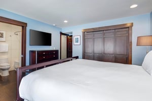 The main suite with a king size bed, comfortable furnishings, and flat screen TV.