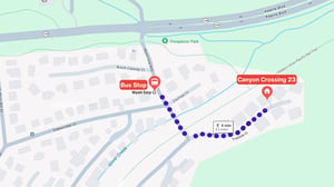 Map showing the propertys location and a nearby bus stop, approximately a 4minute walk away along a marked route.
