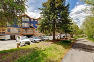 The property is framed by tall evergreens and mature deciduous trees, with convenient parking steps from your door. A quiet, scenic street winds through the area, surrounded by lush greenery and mount