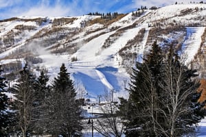 Park City Mountain Resort and the half pipe covered in snow, directly across the street from Snowcrest Condominiums.