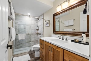 The bathroom with a single sink vanity.