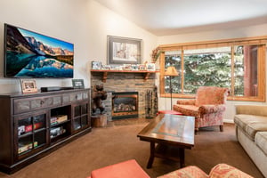 Cozy living room with flatscreen TV, stone fireplace, rustic furnishings and large windows