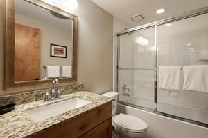 Second bathroom with granite vanity, glassenclosed tub and shower, toilet and large wall mirror