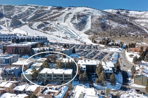 Aerial winter view of the Edelweiss Haus location near the ski slopes and base area at Park City Mountain.