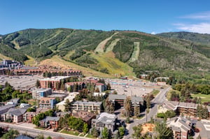 Aerial summer view of Park City Mountain and the surrounding base area near Edelweiss Haus.