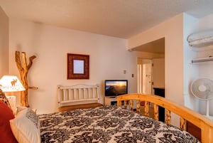 The main suite with a queen bed, TV and a bench.