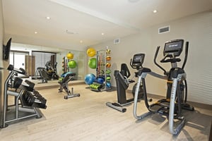 Lift fitness center, hardwood floors, elliptical, stationary bike, weight set, and fitness accessories