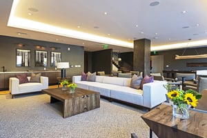 Lift club room with extra long white couch, wooden coffee table, various seating arrangements.