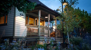 Town Lift Chalet at dusk with the glow of well placed exterior lights and the glow from inside the windows.