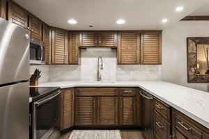 Fully equipped kitchen with wood cabinetry, white countertops, tile backsplash and stainless steel appliances.