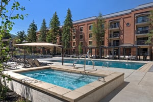 Park Station outdoor hot tub and pool with lounge chairs and surrounding trees.