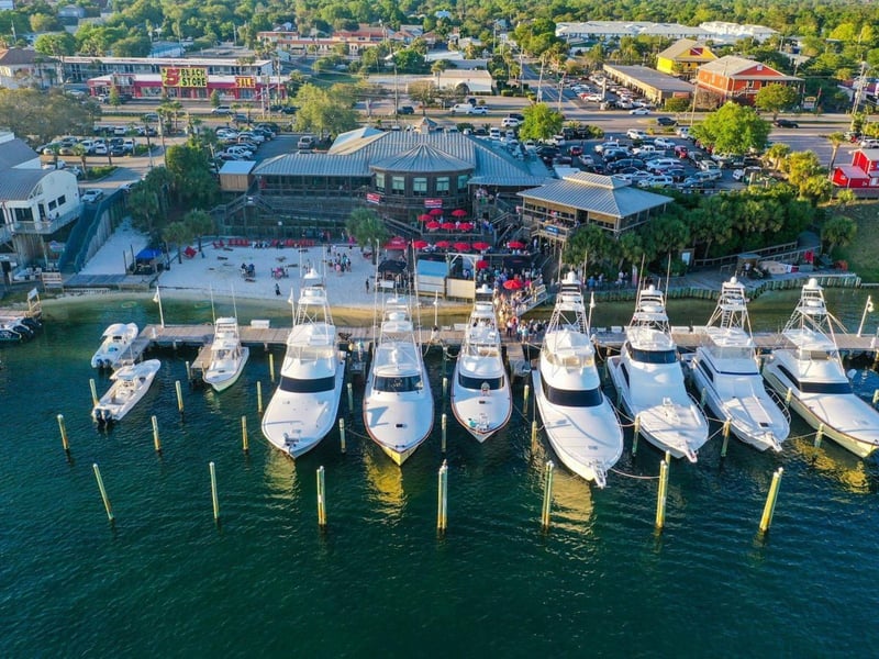 An aerial view of Boshamps at the Destin Harbor