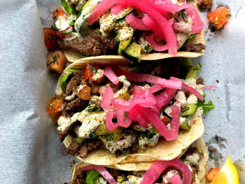 Beef shawarma tacos from Harbor Tavern