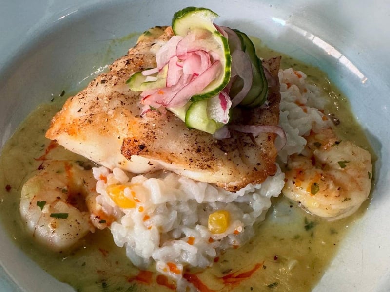 Pan roasted grouper with mango sticky rice