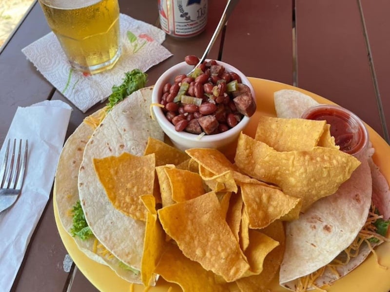 Mahi tacos with beans and chips