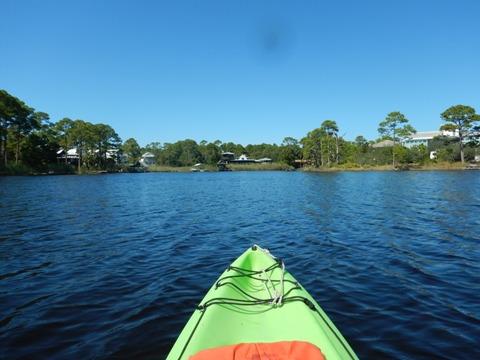 View from a paddleboard gliding across the calm waters of Western Lake surrounded by natural shoreline.