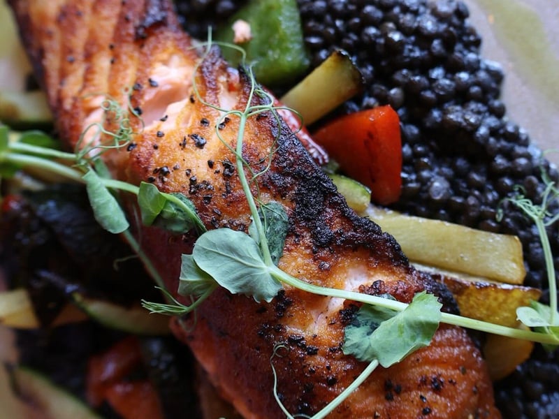 Salmon Semplice with black lentils and roasted vegetables