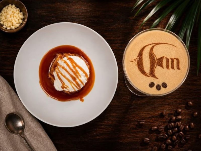 White chocoalte bread budding with an espresso martini