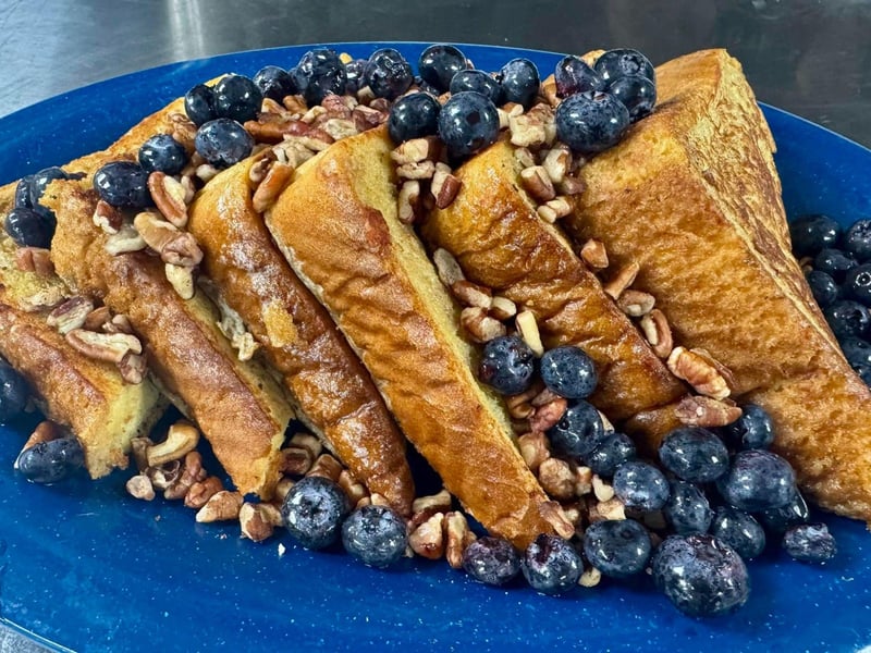 French toast with blueberries and pecans