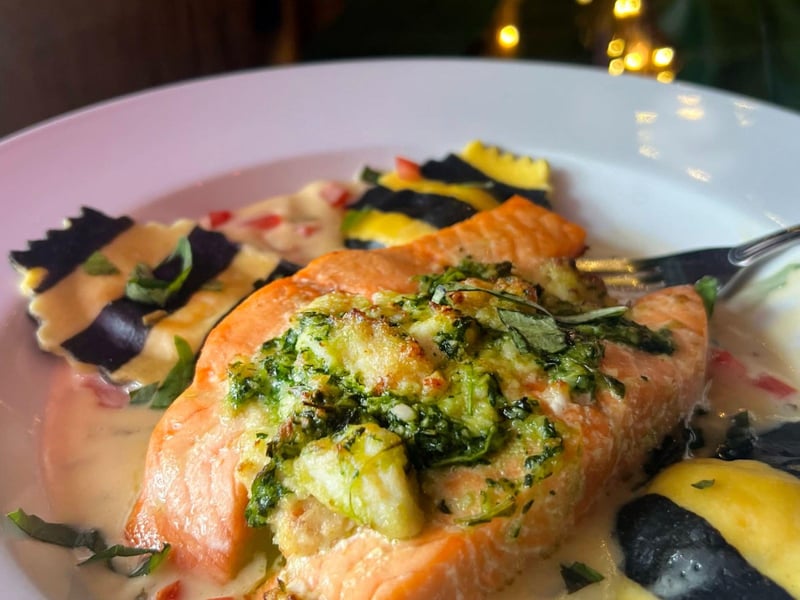 Crab stuffed salmon with lobster ravioli