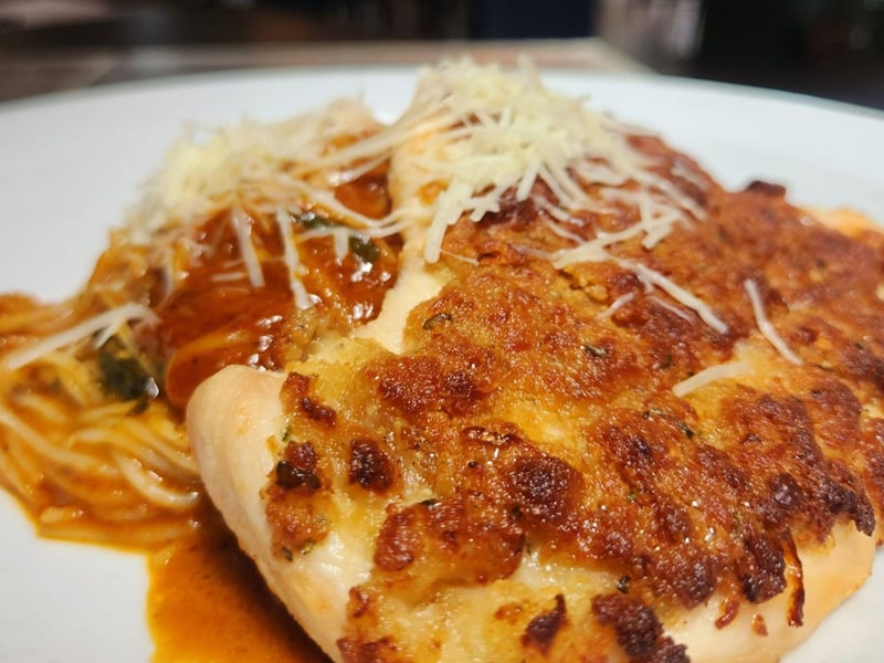 Pasta with handbreaded chicken breast
