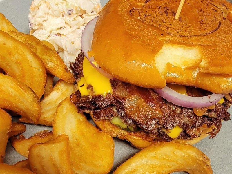 A smash burger and fries at Mudbugs