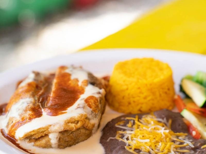 Chile relleno with sauteed veggies and rice