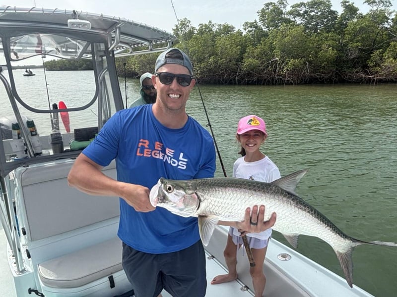 A father and daughter with their catches