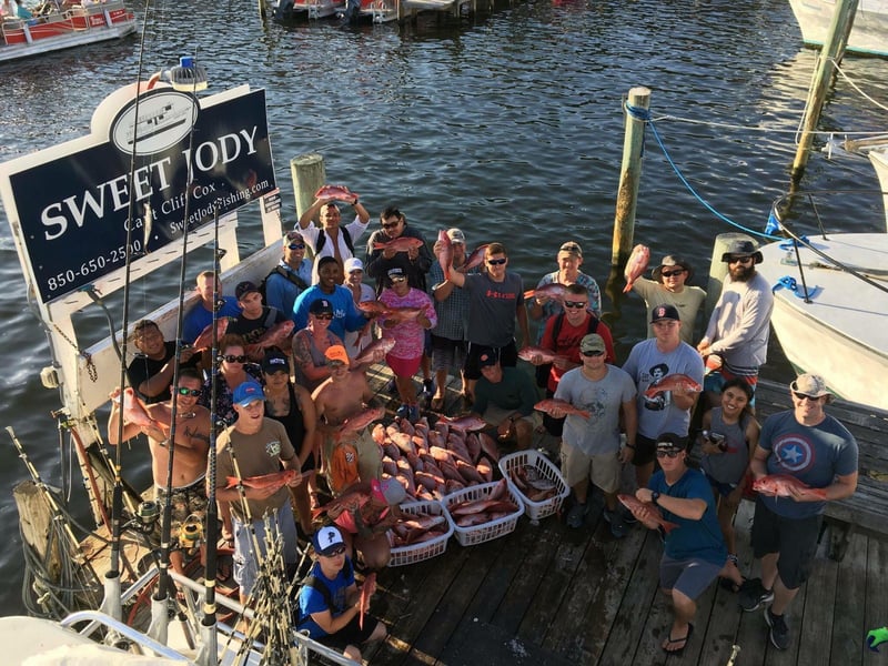 A large group on the dock in front of Sweet Jody