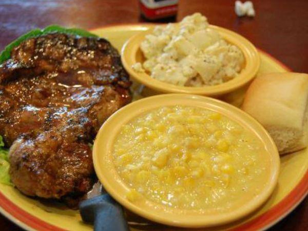 Steak with creamed corn and mac n cheese