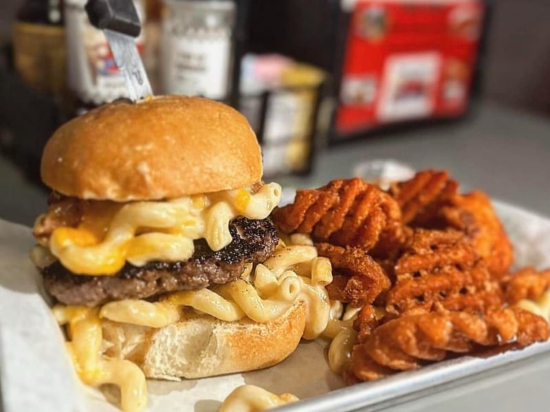 The Mac and Cheese Burger at Johnny Hustons