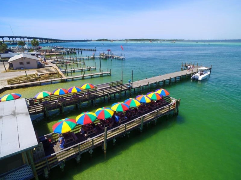 Aerial view Dewey Destins Seafood Restaurant in Destin, Florida