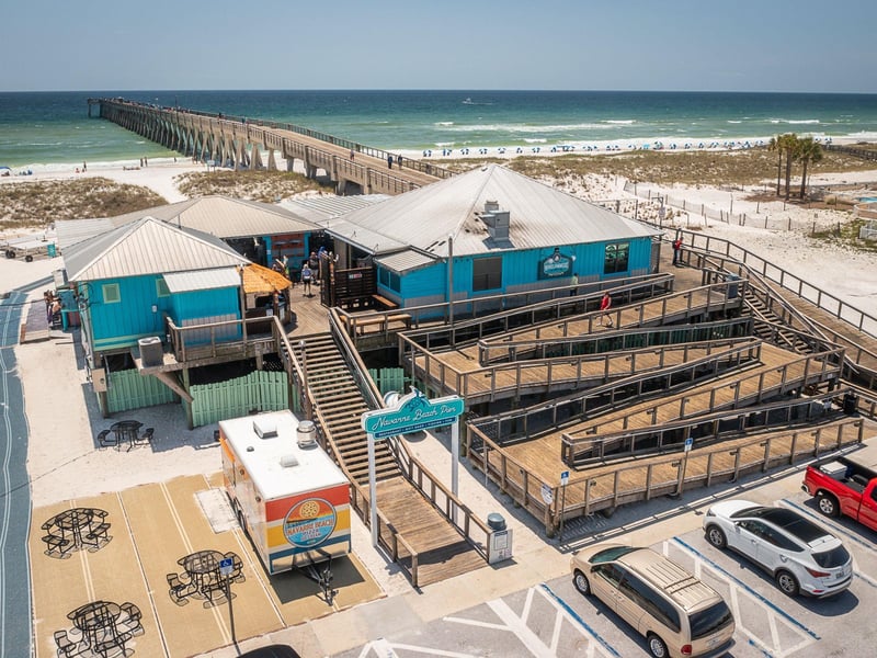 Aerial view of Windjammers on the Pier in Navarre Beach, FL