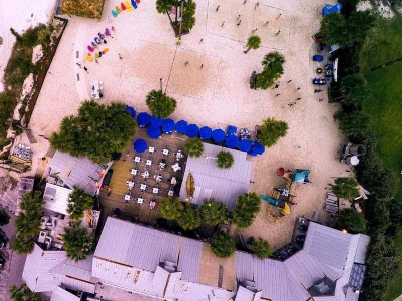 An aerial view of Flounders Chowder House in Pensacola, Florida