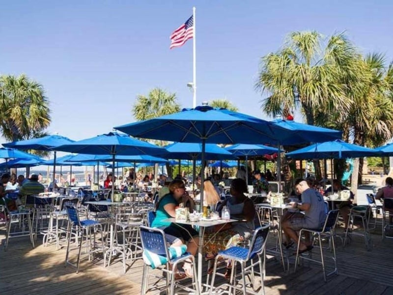 Outdoor seating at Flounders Chowder House in Pensacola Beach, Florida