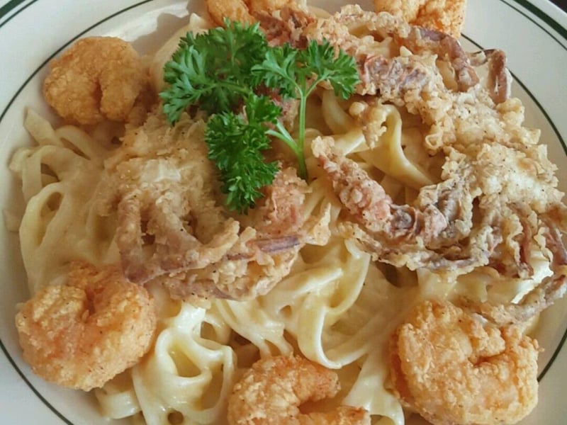 A seafood pasta from Petrellas Italian Cafe in Pensacola, Florida