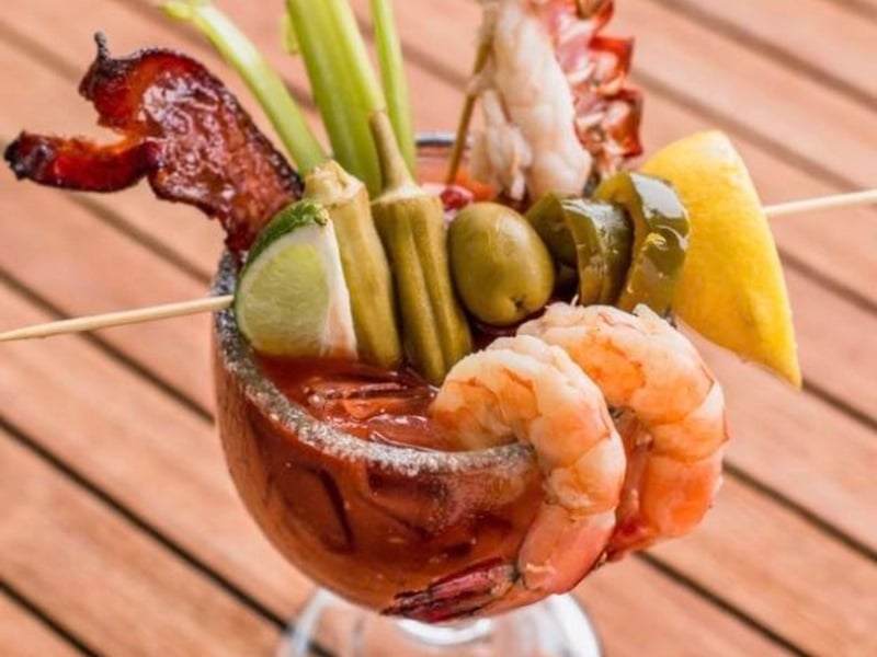 A loaded bloody mary at The Grand Marlin in Panama City Beach, Florida