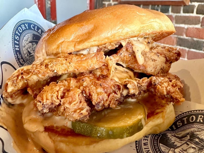 A fried chicken sandwich at History Class Brewing Company